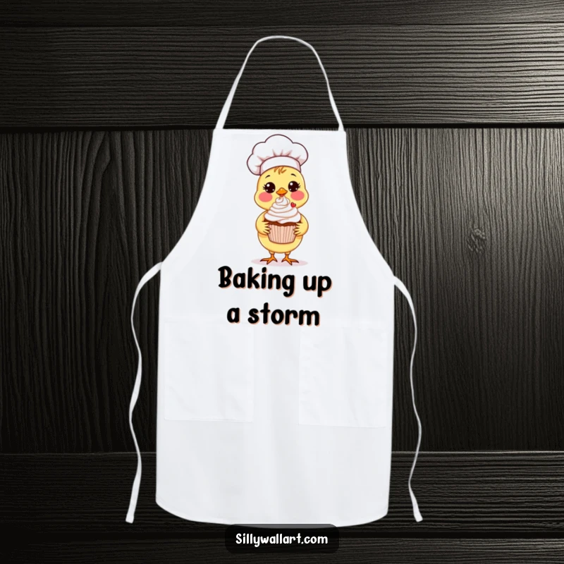 Funny Chick Chef Apron with a sweet chick chef proudly presenting a perfectly decorated cupcake with a flourish.
