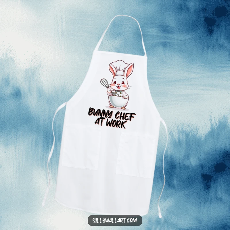 Funny Bunny Chef Apron featuring a cute bunny wearing a chef hat and whisking ingredients with a cheerful expression.