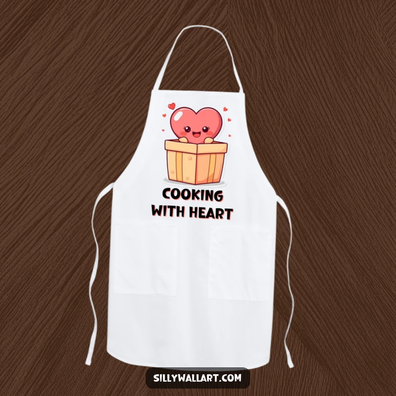 Funny apron: A cheerful heart character emerging from a gift box, bringing humor to kitchen tasks.
