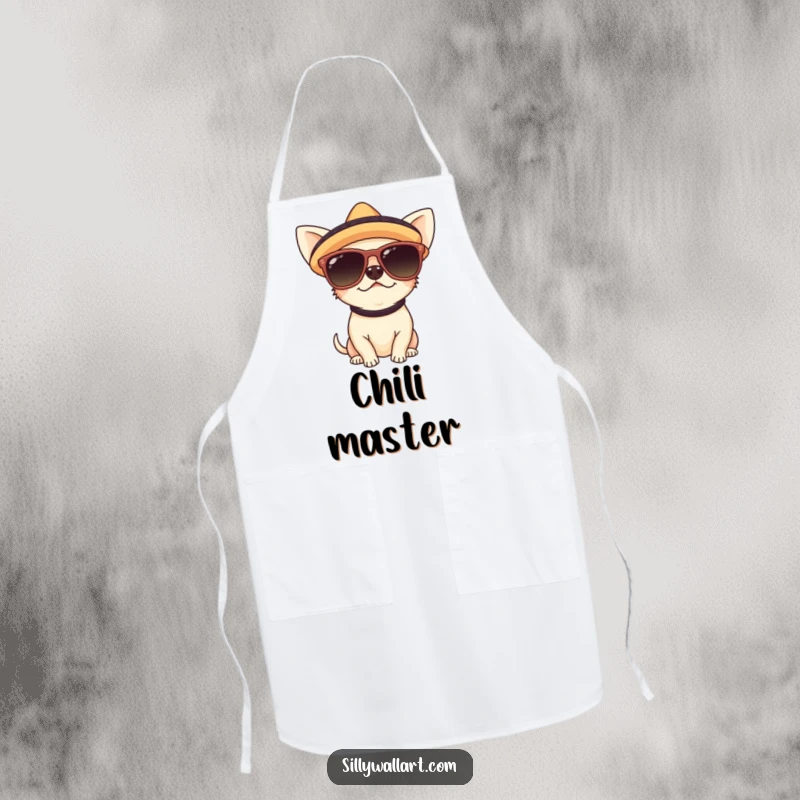 Funny apron featuring a cute chihuahua in sunglasses and a sombrero, adding festive humor to any cooking or baking session.