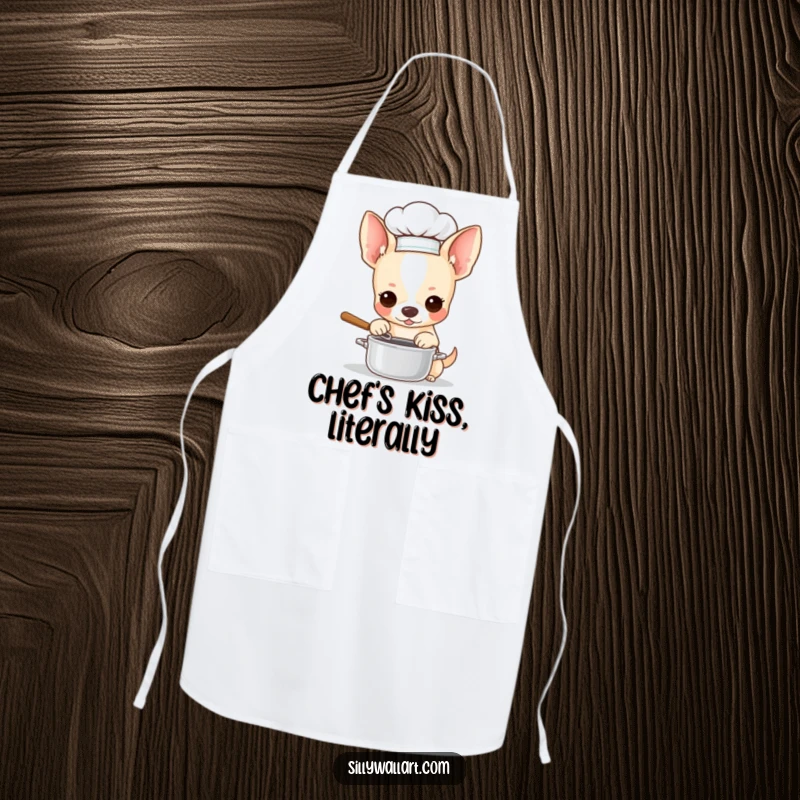 Funny apron with a chihuahua in a chef hat, stirring a miniature pot. Ideal for kitchen adventures and aspiring chefs.