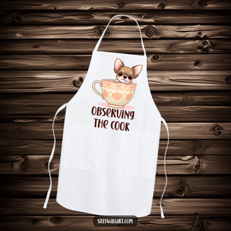 Funny apron with a chihuahua peeking from behind a giant teacup. Adds charm to kitchen duties for dog lovers.