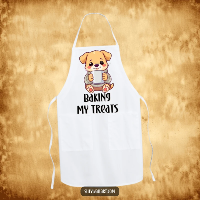 Funny dog wearing a sweater and holding a steaming mug, on a practical kitchen apron.