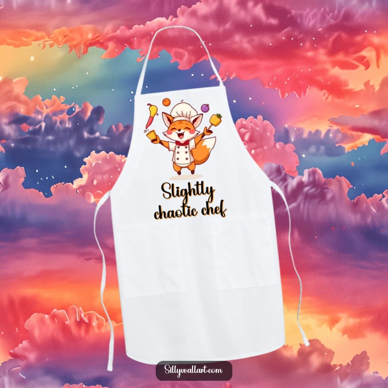 Funny Fox Chef Apron with an energetic fox chef juggling colorful ingredients mid-air with excitement and skill.