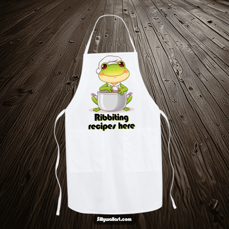 Funny apron with a joyful frog chef cheerfully stirring a pot with a mischievous glint, perfect for kitchen duty.