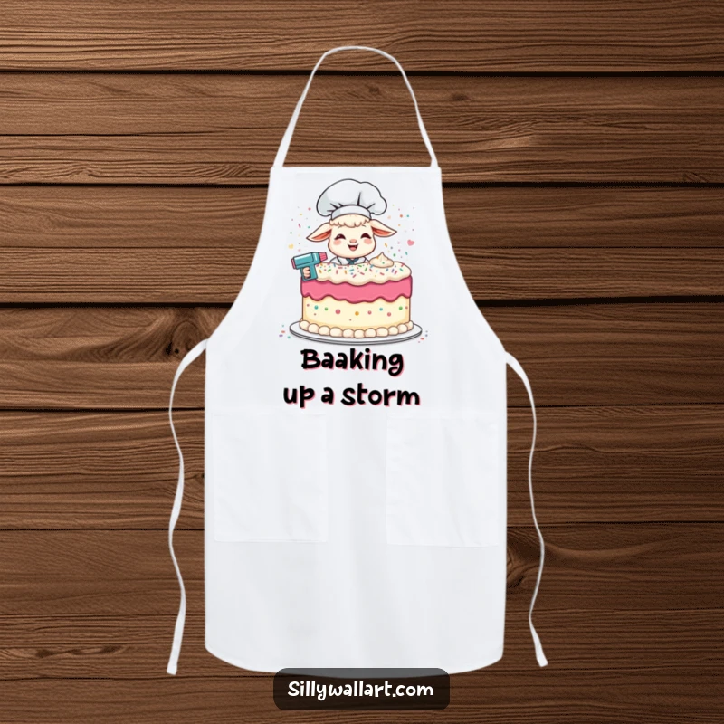 Funny apron with a giggling lamb chef playfully frosting a cake with a sprinkle gun, perfect for kitchen duty.