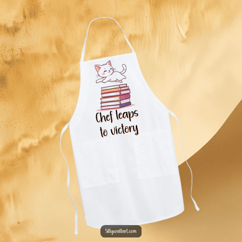 Funny apron with a sleek cat leaping gracefully over a stack of books, ready to assist in the kitchen with flair.