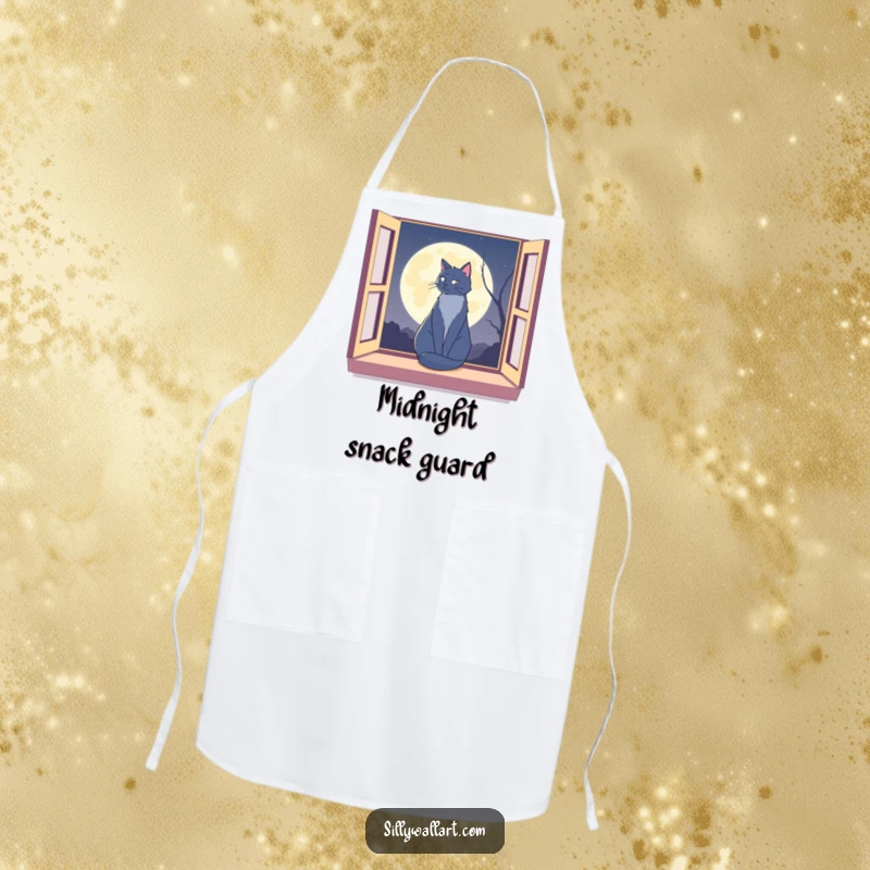 Funny cat silhouette on a window sill against a moon on a kitchen apron, adding humorous nighttime charm.
