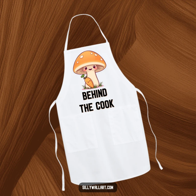 Funny Apron showing a shy carrot hiding behind a giant, smiling mushroom, great for a cheerful cook.
