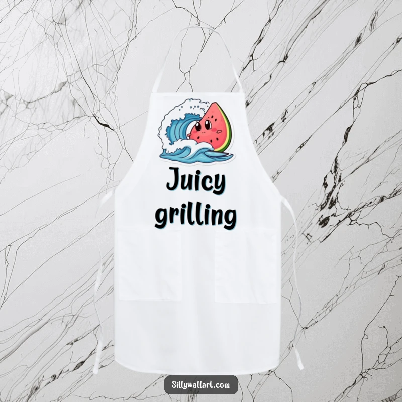 Funny watermelon slice with googly eyes, surfing a wave, on a functional apron for humorous outdoor cooking.