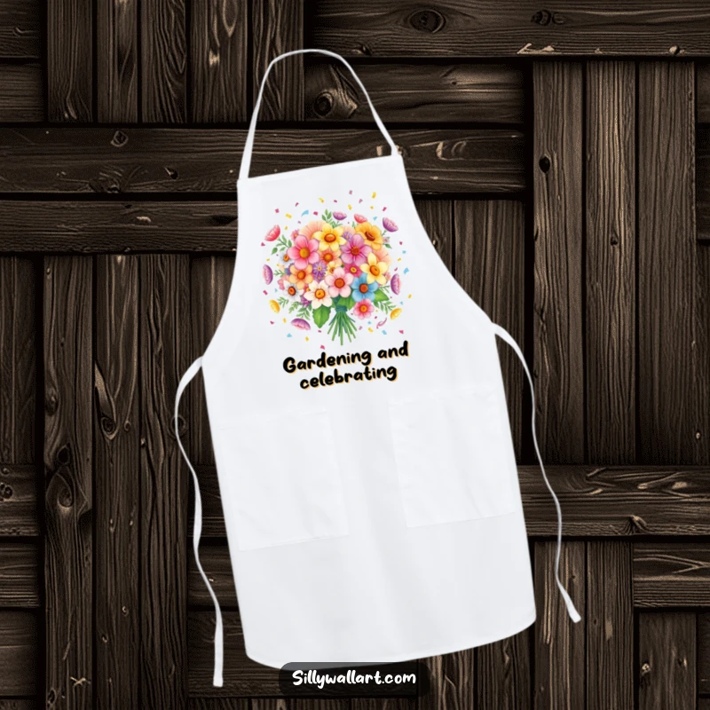 Funny apron: A joyful bouquet of flowers spreading confetti, adding humor and festivity to kitchen tasks.