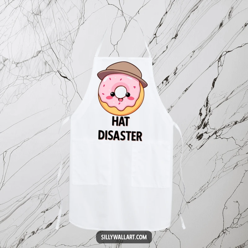 Funny apron: Round donut comically struggling to wear a hat that is too small, practical and humorous kitchen wear.