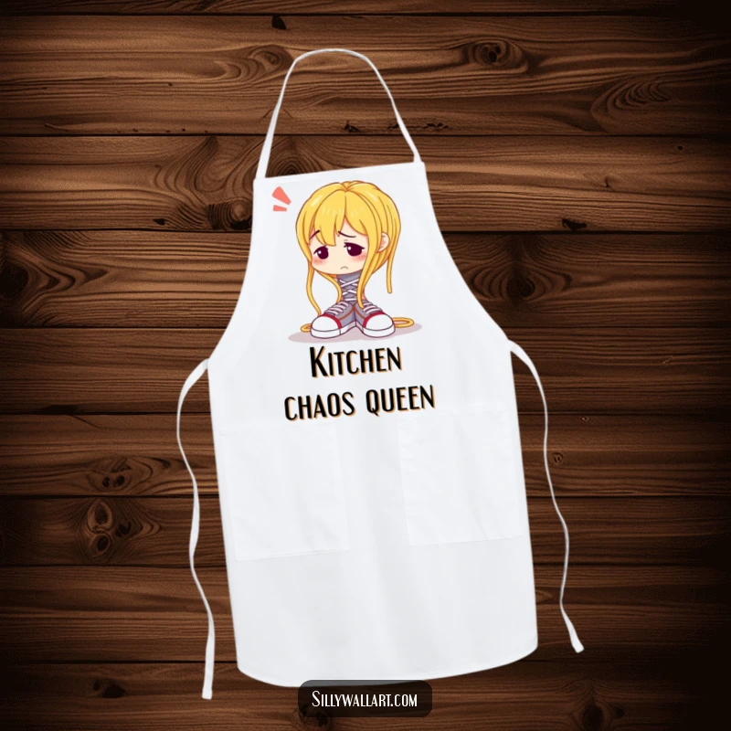 Funny apron with a confused spaghetti noodle hilariously trying to tie shoelaces, ideal for kitchen fun.