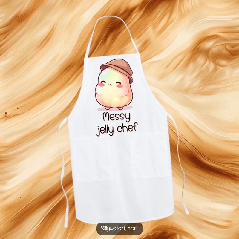 Funny jelly blob apron showing a jiggly character uncontrollably wobbling while trying to wear a tiny hat, perfect for kitchen fun.