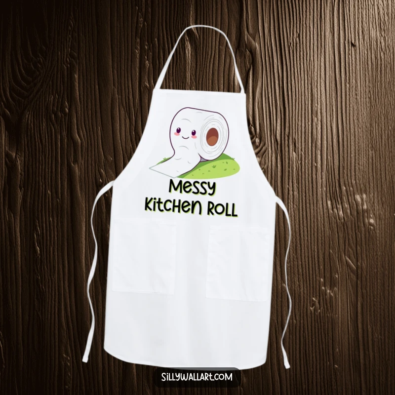 Funny apron with a cheerful toilet paper roll comically rolling down a hill, ideal for kitchen fun.