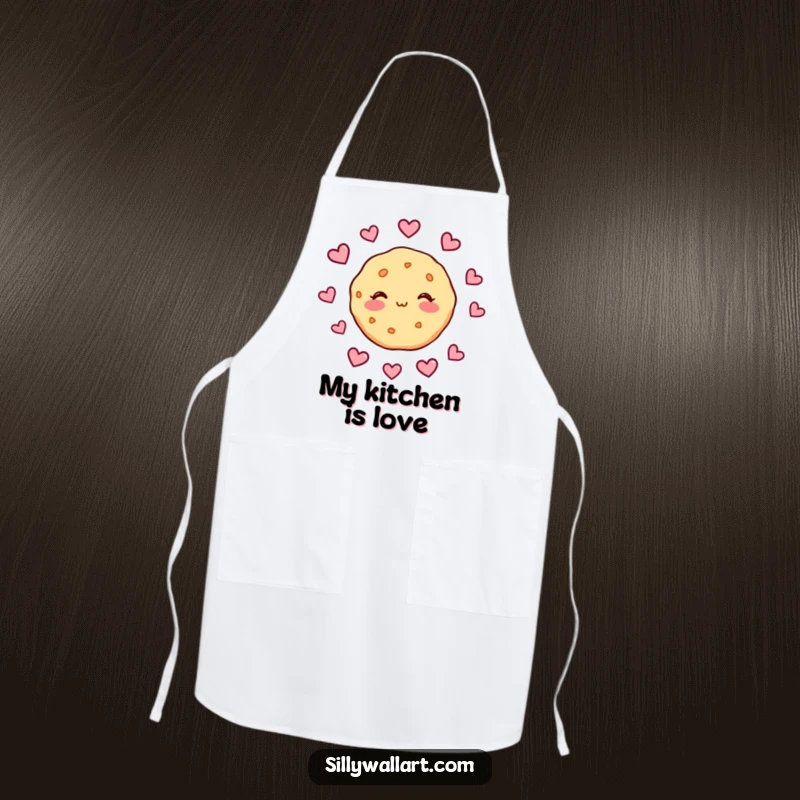 Funny apron showcasing a shy cookie blushing with hearts floating around, perfect for kitchen duties with a sweet and humorous romantic theme.