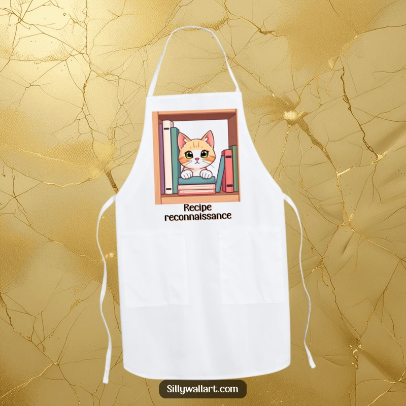 Funny apron with a curious cat peeking from behind a bookshelf, its eyes wide with interest, ready to discover new recipes.