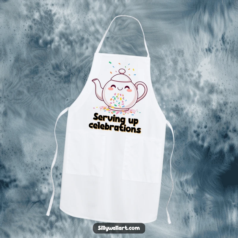 Funny apron designed with a cheerful teapot pouring a vibrant stream of colorful confetti, suitable for cooking and parties.