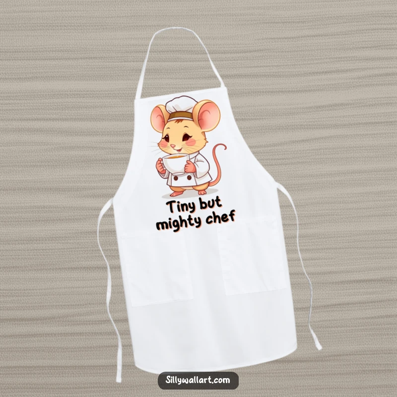 Funny apron with a determined little mouse chef holding a tiny, steaming teacup, perfect for kitchen duty with focus.