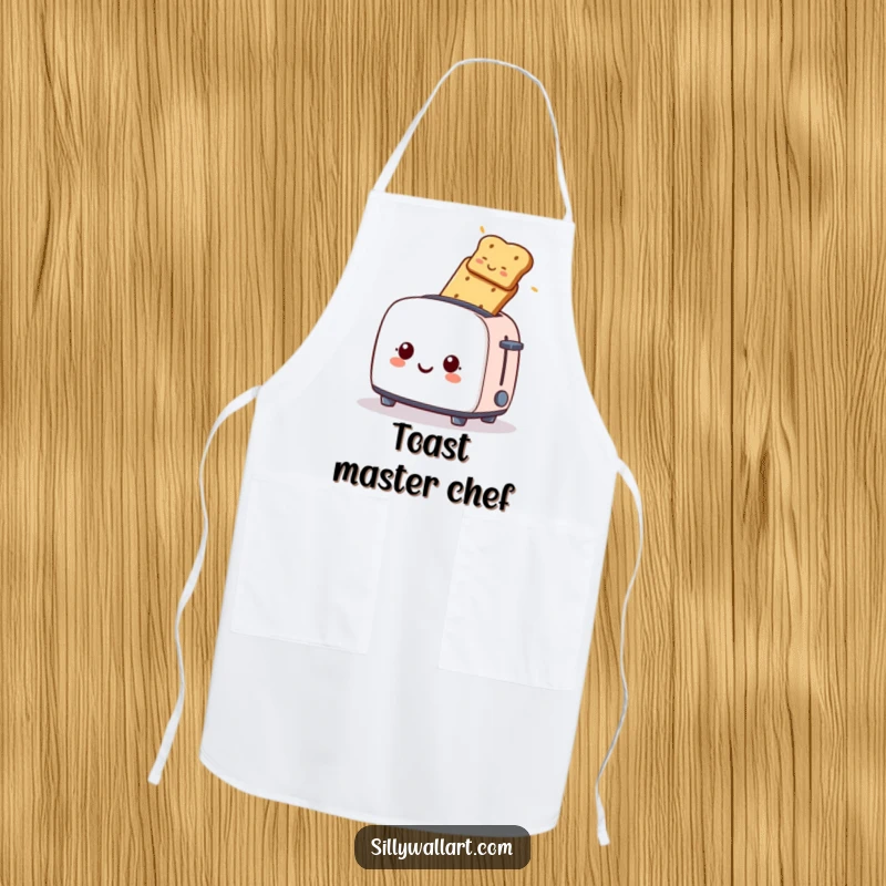 Funny apron, a smiling toaster launching toast, bringing breakfast humor to the kitchen.