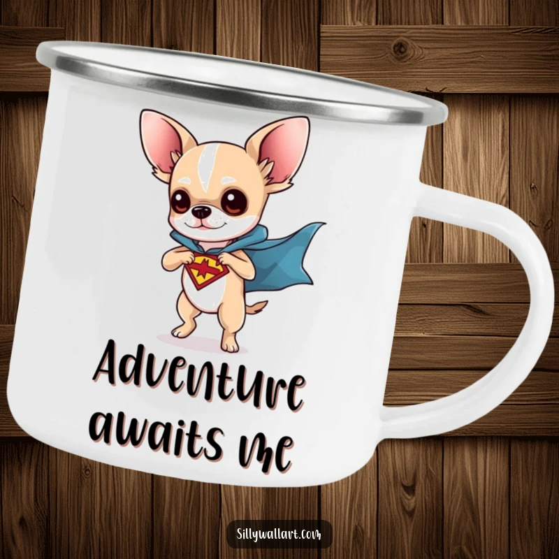 Funny camping mug with a chihuahua dressed as a superhero, striking a dynamic pose. Perfect for outdoor adventures.
