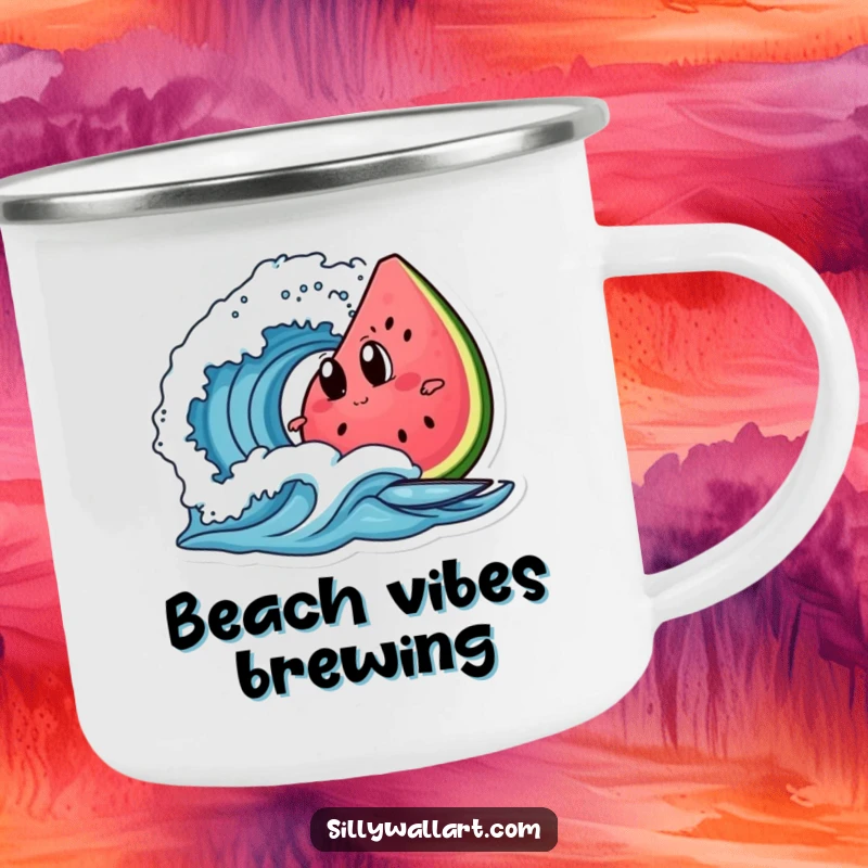 Funny watermelon slice with googly eyes, surfing a wave, featured on a sturdy camping mug for outdoor amusement.