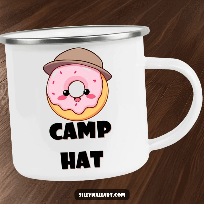 Funny camping mug: Round donut comically struggling to wear a tiny hat, durable and humorous for outdoor quirkiness.