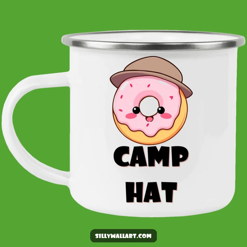 Funny Donut Camping Mug: Hat struggle, rugged and hilarious for sweet adventurers.
