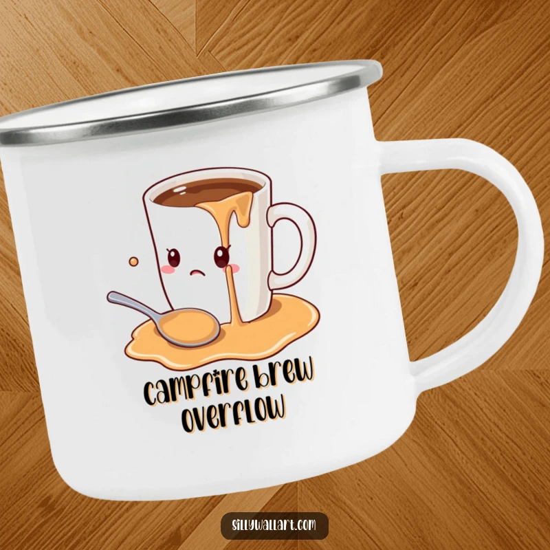 Funny cartoon oversized coffee mug overflowing onto a startled spoon, illustrated on an enamel camping mug for outdoor, humorous enjoyment.
