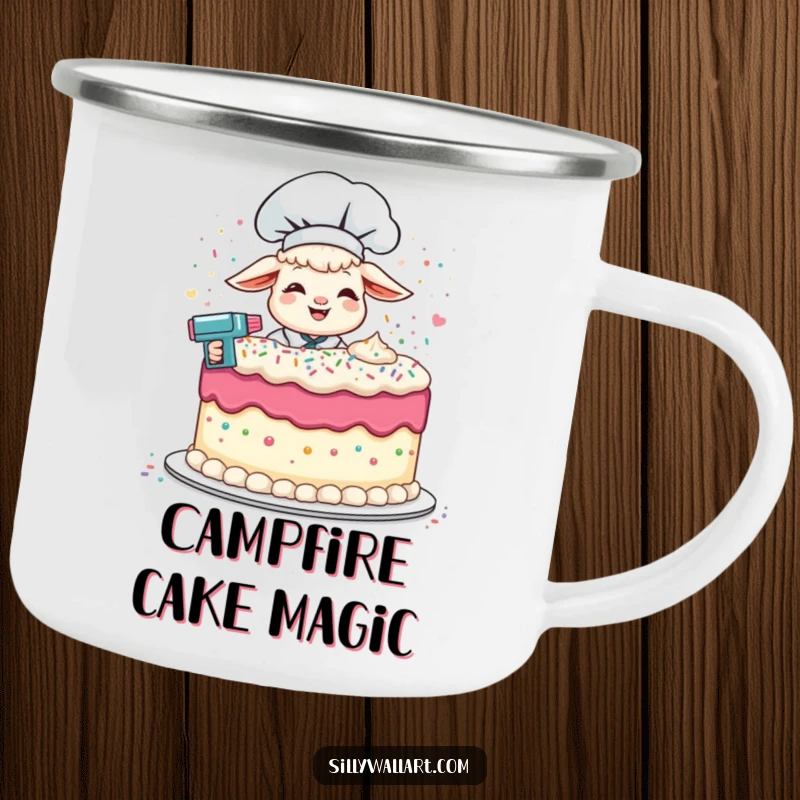 Funny camping mug featuring a giggling lamb chef frosting a cake with a sprinkle gun, perfect for outdoor treats.
