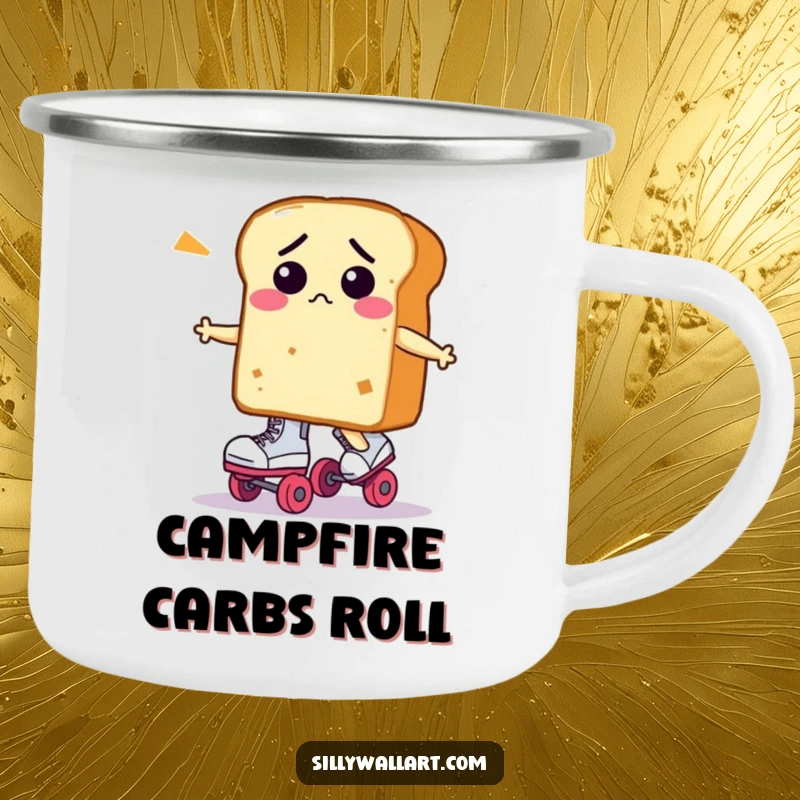 Funny loaf of bread character, confused on roller skates, featured on a sturdy camping mug for outdoor amusement.