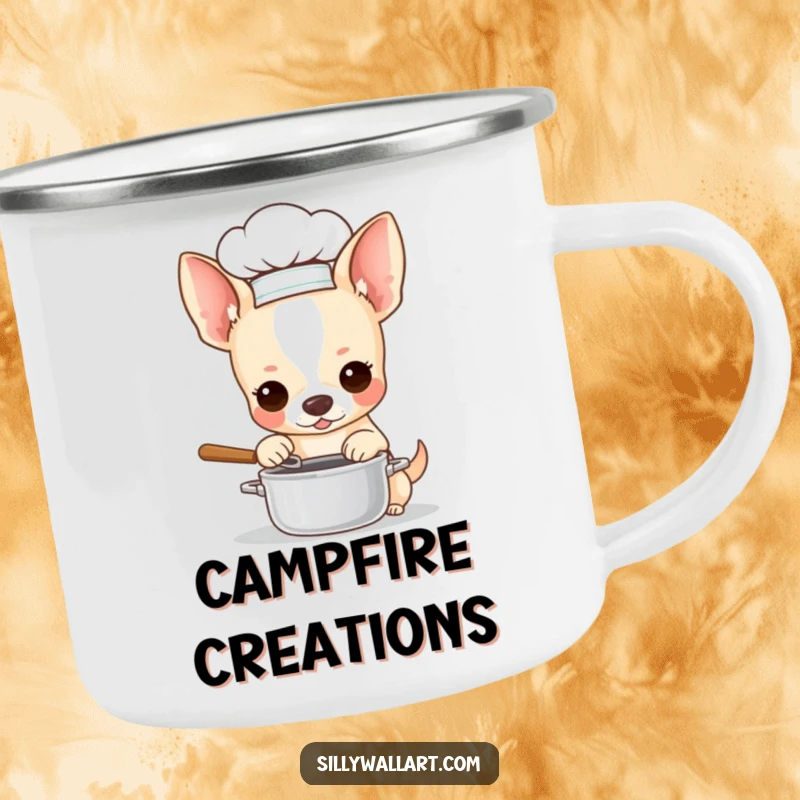 Funny camping mug with a chihuahua in a chef hat, stirring a miniature pot. Perfect for outdoor culinary adventures.