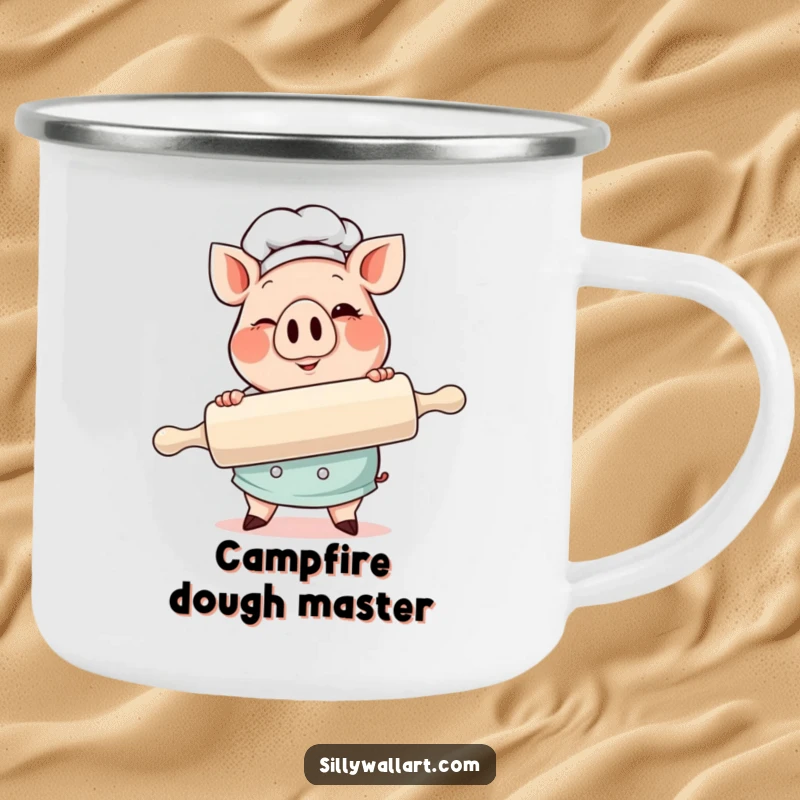 Funny Pig Chef Camping Mug featuring a cheerful, winking pig chef holding a giant rolling pin, ideal for outdoors.