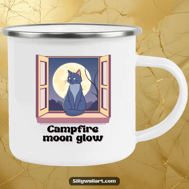 Funny cat silhouette on a window sill against a moon on a durable camping mug, perfect for nighttime outdoor enjoyment.