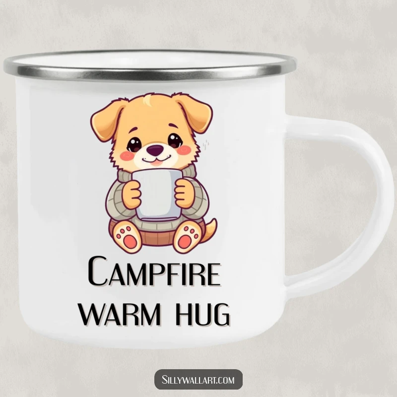 Funny dog in a sweater holding a steaming mug, on a durable camping mug.