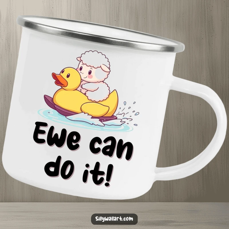 Funny camping mug, a fluffy sheep waterskiing on a giant rubber duck, perfect for outdoor fun and humor.