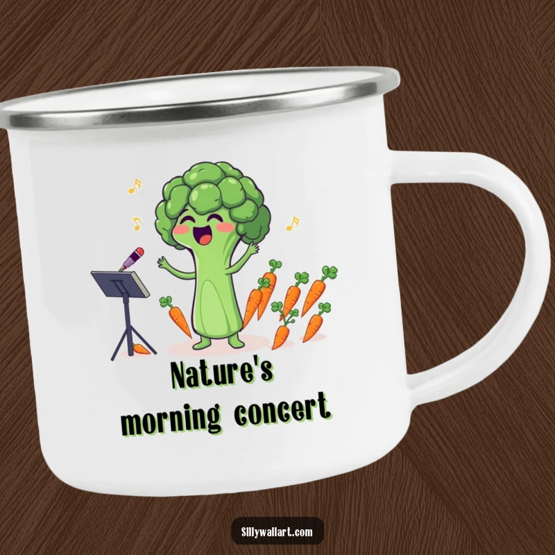 Funny camping mug with a singing broccoli floret comically conducting a tiny carrot orchestra, for outdoor enthusiasts.