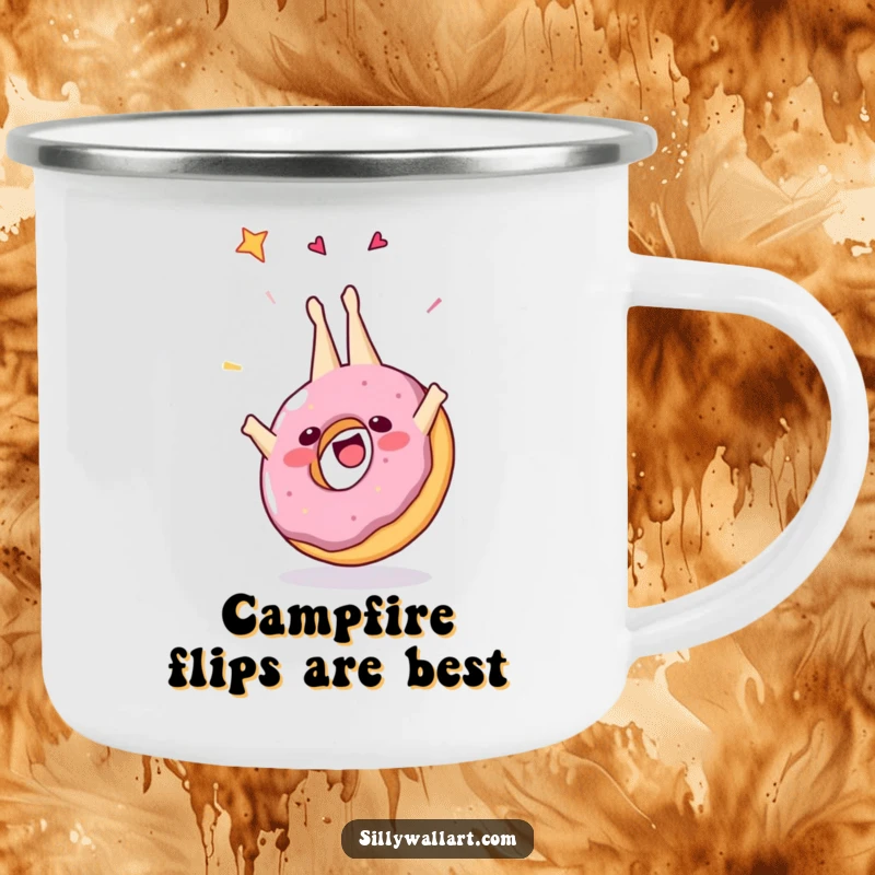 Funny camping mug with a happy donut doing a somersault, perfect for enjoying beverages outdoors with a dose of sugary humor.