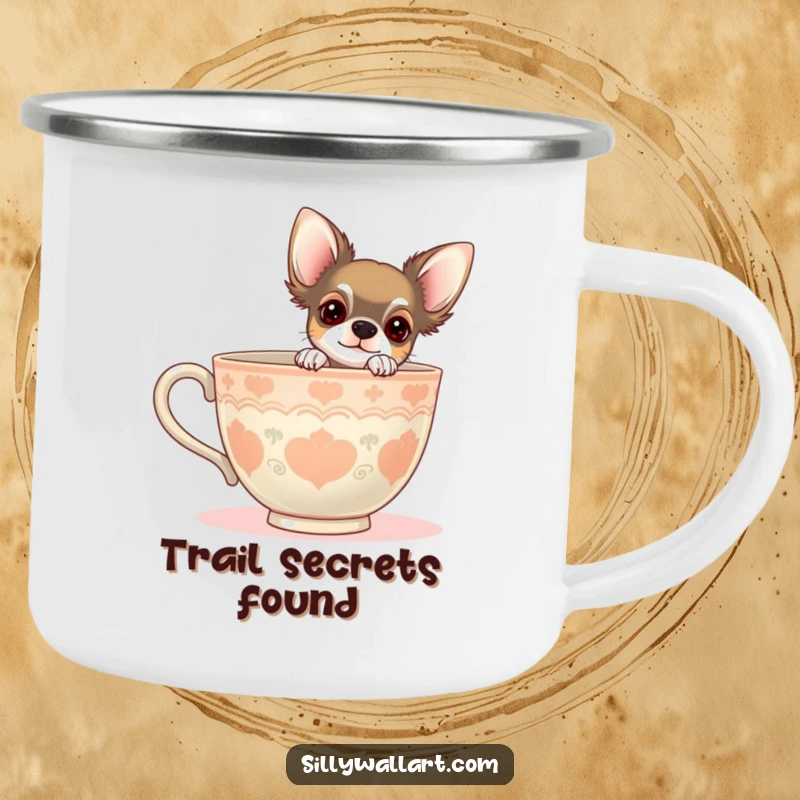 Funny camping mug with a chihuahua peeking from behind a giant teacup. Perfect for outdoor tea breaks.