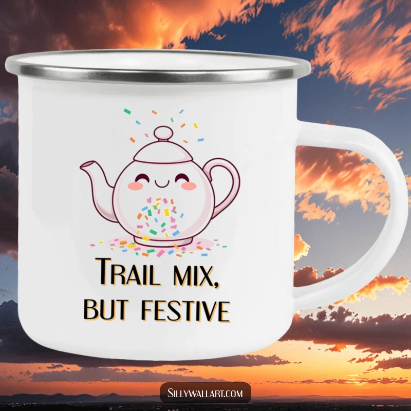 Funny camping mug with a cheerful teapot pouring a lively stream of colorful confetti, perfect for outdoor festivities.