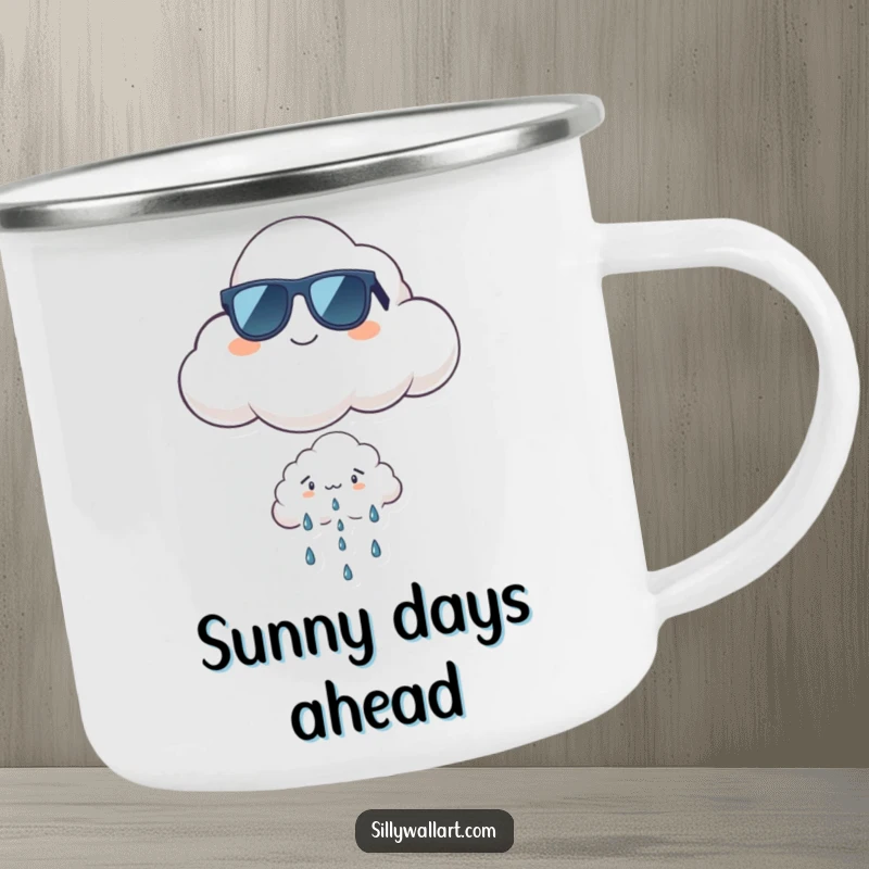 Funny cool cloud camping mug with a proud cloud in sunglasses floating above a tiny, worried rain cloud, for outdoor cool.
