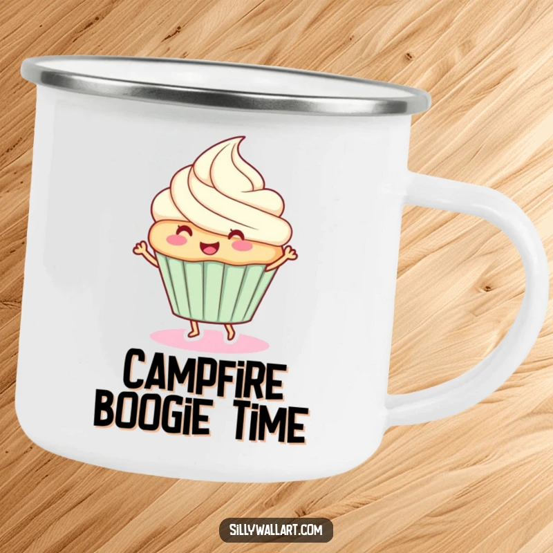 Funny camping mug: A happy cupcake dancing, perfect for outdoor treats and sweet moments.