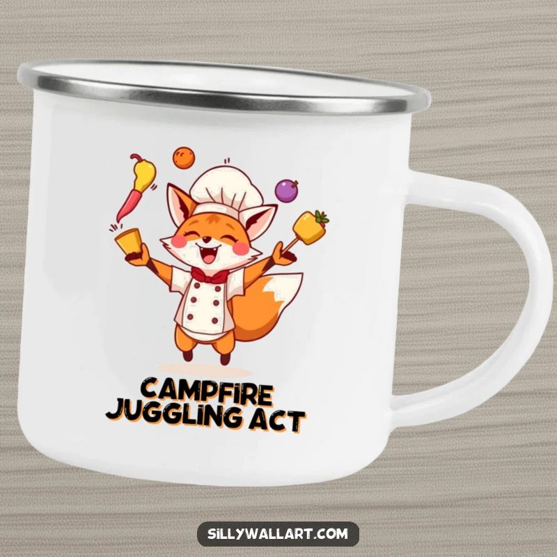 Funny Fox Chef Camping Mug with an energetic fox juggling ingredients, ideal for exciting outdoor cooking.