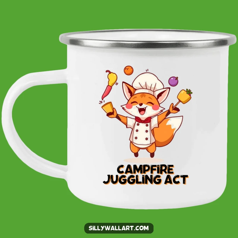 Funny Fox Chef Camping Mug: Juggling Adventure, Perfect Outdoor Gift!
