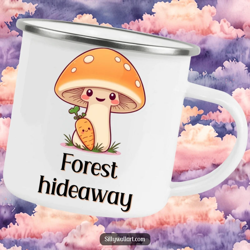 Funny Camping Mug featuring a shy carrot hiding behind a giant, smiling mushroom, tough and charming.