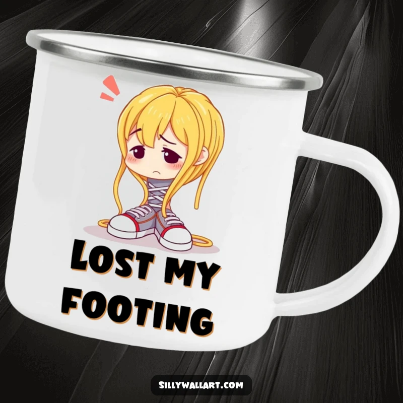 Funny camping mug with a confused spaghetti noodle comically struggling to tie shoelaces, for outdoor enthusiasts.