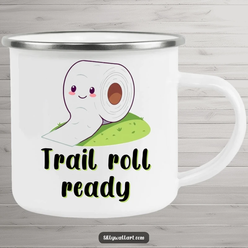 Funny camping mug with a cheerful toilet paper roll comically rolling down a hill, for outdoor enthusiasts.