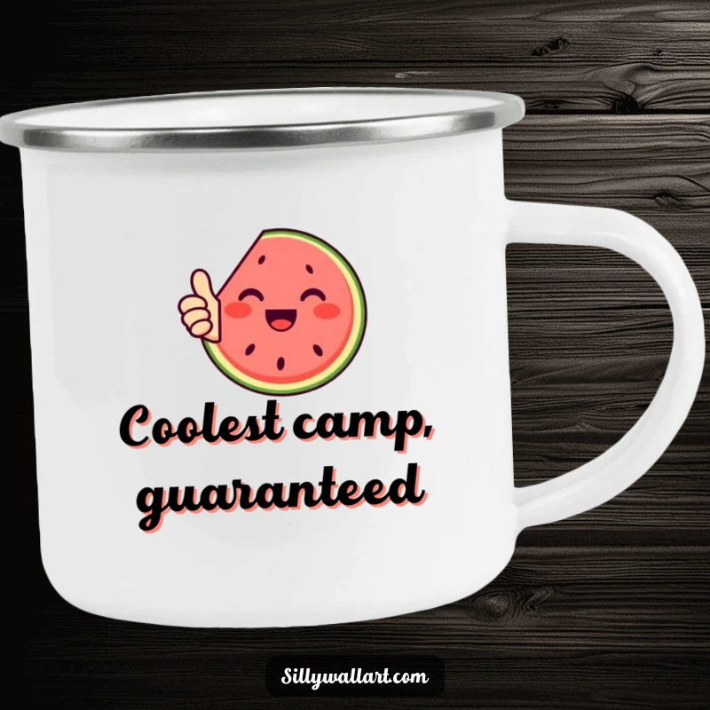 Funny camping mug: A happy watermelon slice giving a thumbs up, perfect for outdoor refreshment and fun.