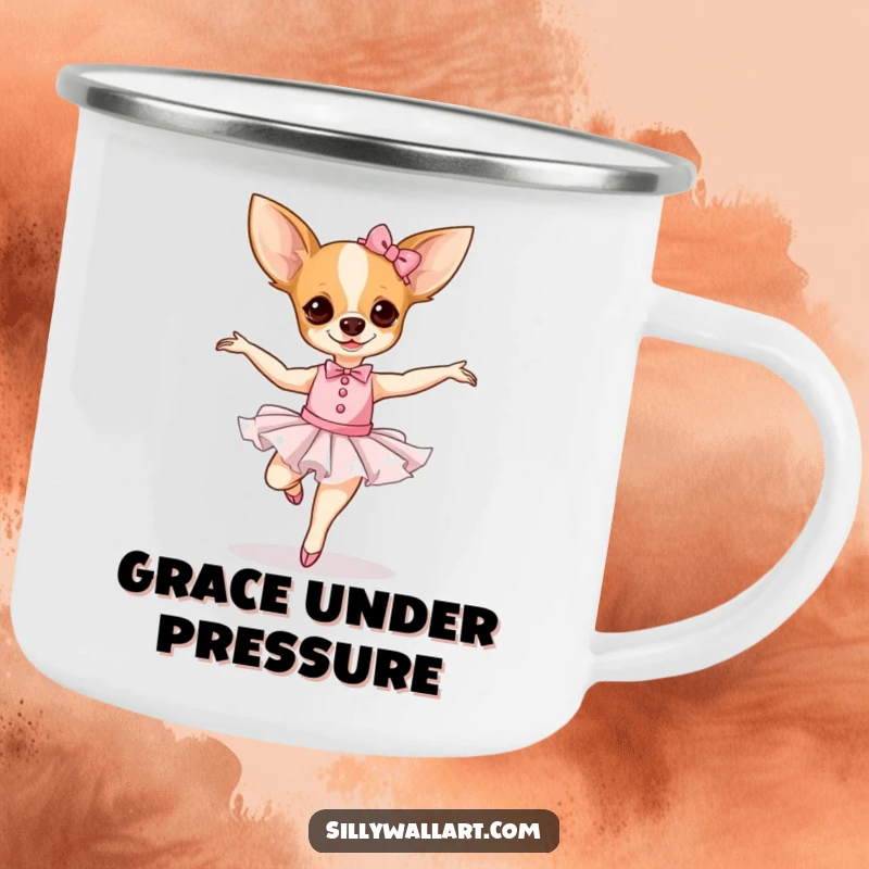 Funny Chihuahua Ballerina Camping Mug showing a dog in a tutu doing ballet outdoors.