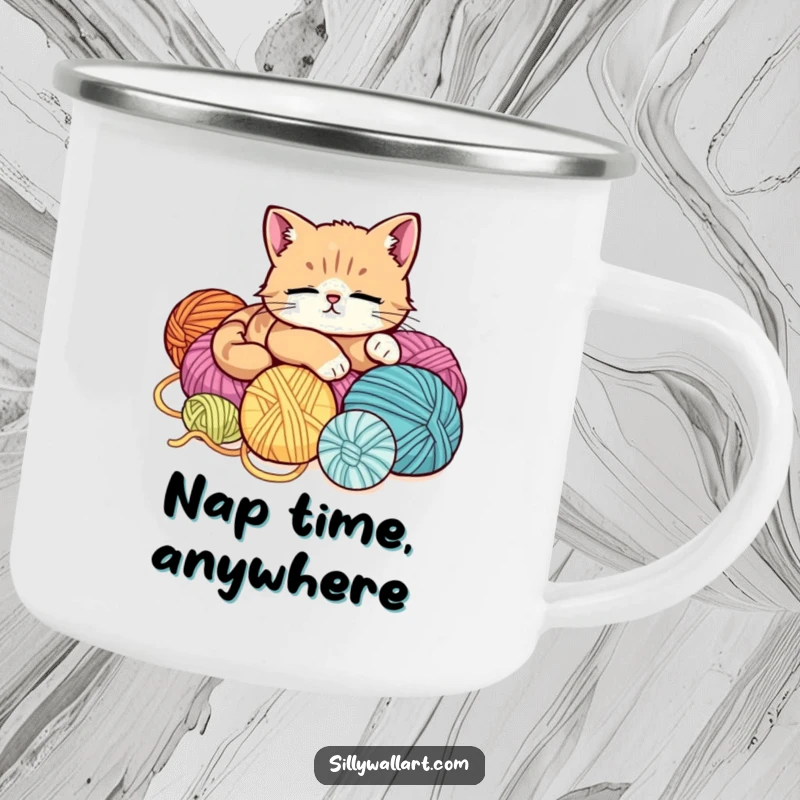 Funny camping mug with a cute, supremely relaxed cat perched on a pile of yarn balls, ready for outdoor sipping.